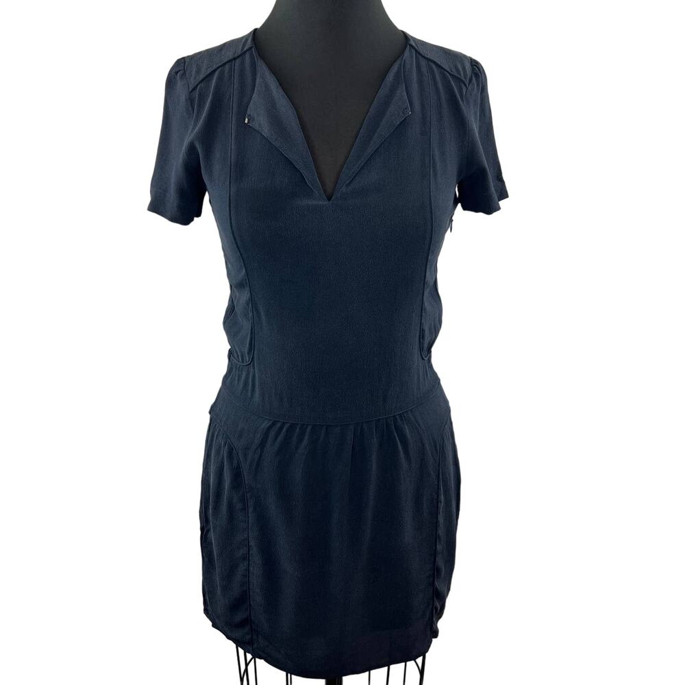 Comptoir Des Cotonniers Black Crepe Silk Mini V-Neck Short Sleeve Dress 34 XS